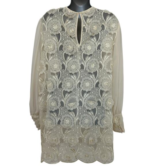 Vintage Chiffon Floral Dress Cream 3D Applique Flowers Sheer Women's Size Large - Picture 9 of 10